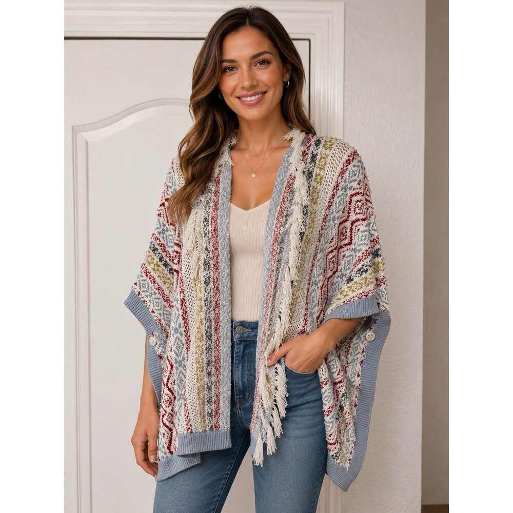 CAbi #5001 Siesta Poncho Fringe Sweater Cardigan XS/Small Colorful Boho